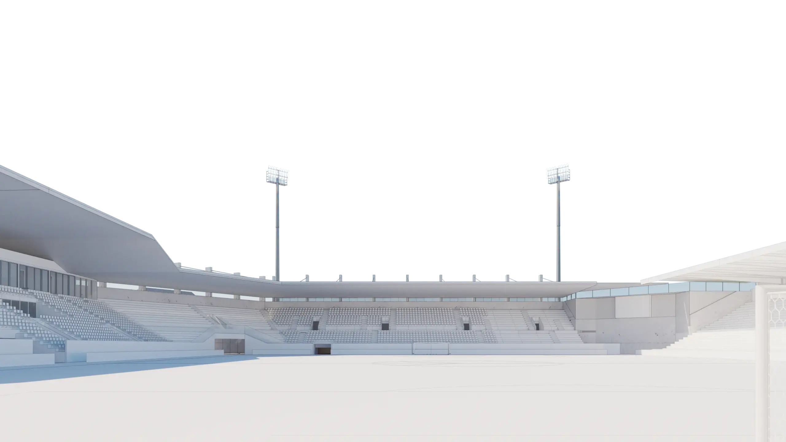 Westkurve: Stadion mit Tribünen und Flutlichtmasten, weiße Architektur.